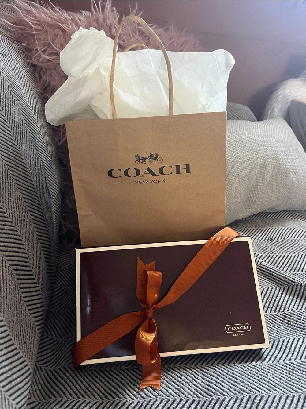 COACH Brown Gift Box, Bag & Orange Ribbon